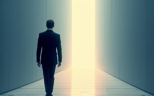 A professional confidently walking towards a brightly lit path, indicating successful career transition support.
